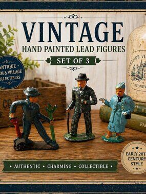 Vintage Lead Figurines Set of 3 Hand Painted Miniatures Farm People Antique Toy
